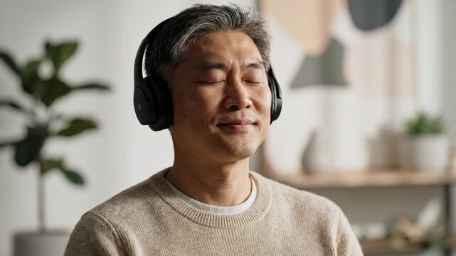 Asian man headphone relaxing listening music eyes closed calm peaceful indoor casual middle aged smiling relaxed man asian meditation calm relaxation