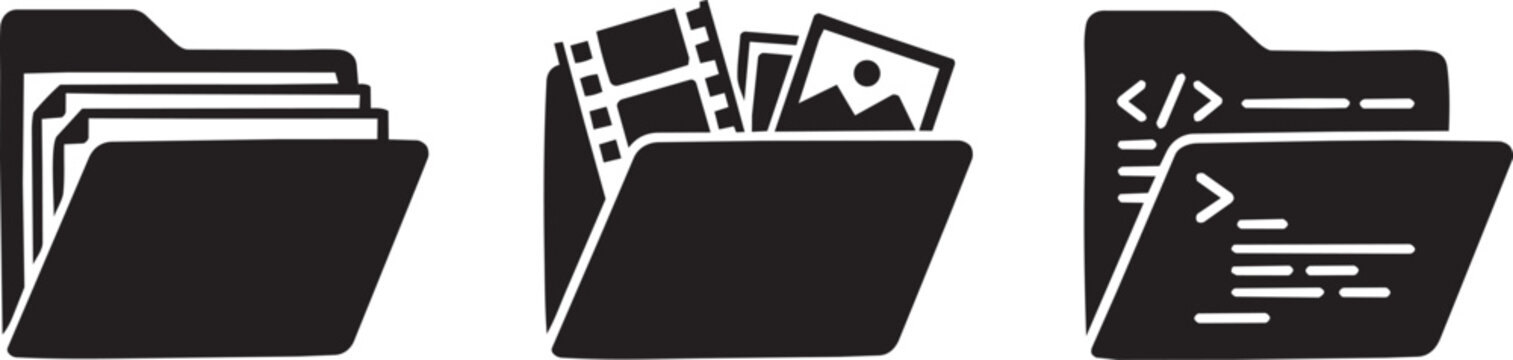 File folder icons set, vector illustration of document, media, and code folders for computer interface. Set vector.
