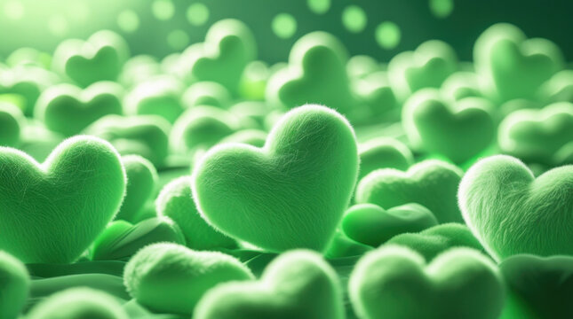 Many glowing green heart shapes floating in a soft dreamy light background