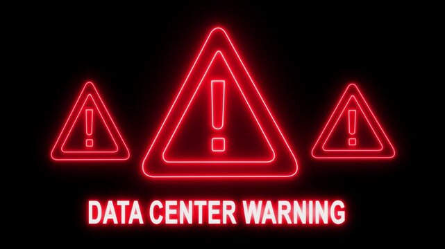 Neon red data center warning sign with glowing exclamation triangle symbols for cybersecurity and server error alerts
