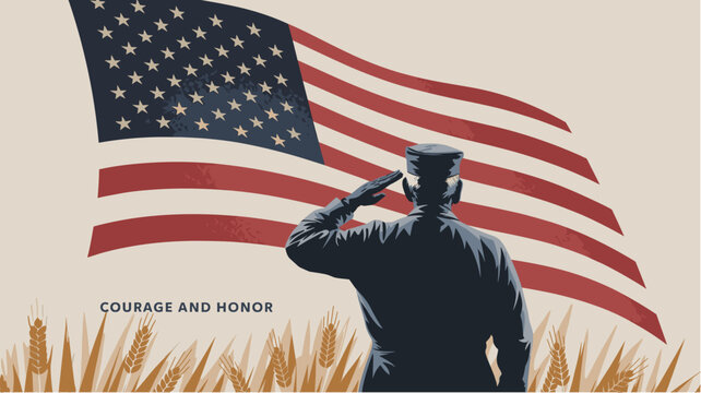 American soldier saluting USA flag in wheat field with Courage and Honor text vector background for Veterans Day or Memorial Day holiday concept