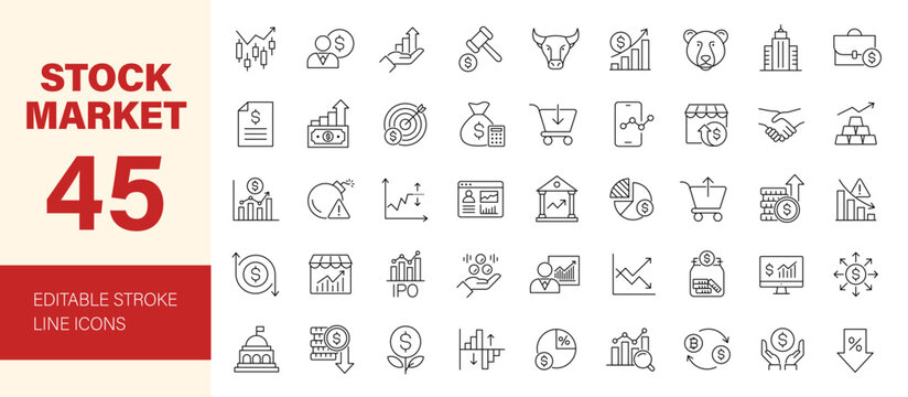 Stock market icon set. Editable line icons. Vector illustration.