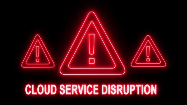 Cloud service disruption alert: neon red warning signs for cybersecurity, server outage, and network failure notification