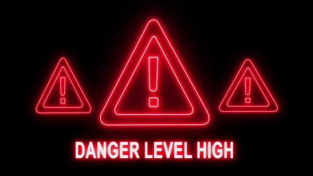 Neon danger level warning sign with glowing red exclamation triangles for cybersecurity and industrial safety alerts