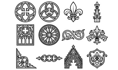 Gothic architectural ornaments and medieval design elements set including fleur de lis rose window and arches. © RizqiAditya