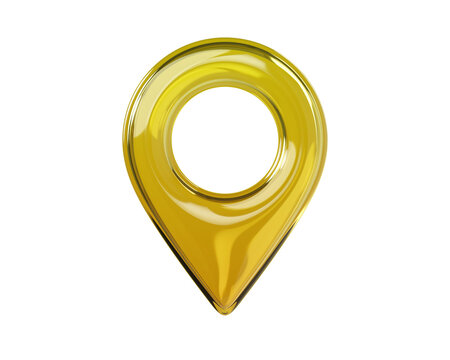 Glossy yellow 3D map location pin icon. Front view. Transparent glass navigation marker isolated on background for GPS, map, travel and UI design. 3d render.
