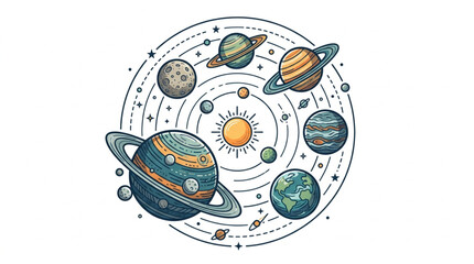 Colorful Illustrated Solar System with Planets and Orbits. © Gian