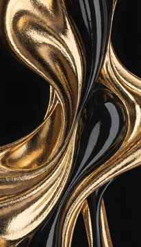 Abstract Black Background with Flowing Gold Waves and Liquid Metallic Texture for Artistic Design and Wallpaper