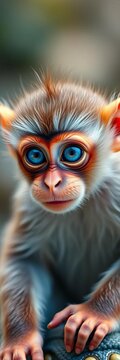Giggly monkey with bright blue eyes and curly tail, ||mischievous monkeys, playful