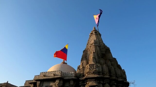 Colorful flags flying above the Rukmini Devi Temple, Dwarka, Gujarat, India