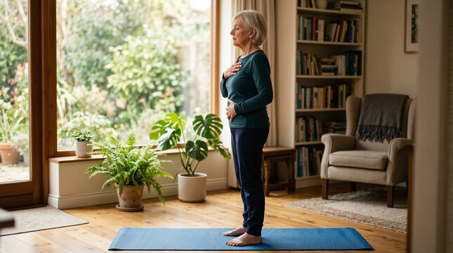 Mindful breathing practice for older adult standing on yoga mat with hands on chest in serene living room.