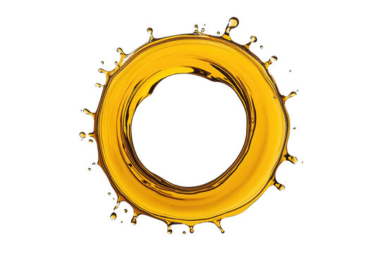 Yellow oil liquid splash creating a crown ring frame with dynamic drops and transparent background