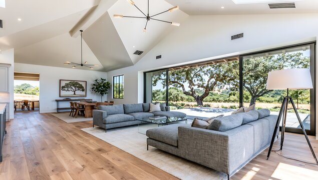 Modern living room with gray sofa and large windows and natural light