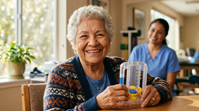 Lung capacity measurement with elderly woman holding spirometer and caregiver smiling in background. Pulmonary health check includes breathing exercise equipment and professional support.