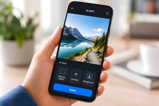 Photo editing app on smartphone showing mountain lake landscape