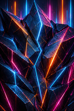 Abstract dark rock crystal with glowing neon blue and orange light lines