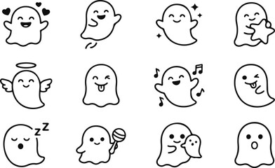 Fototapeta premium Ghost Icon Bundle Collection – Halloween Spooky Boo Spirit Outline Vector Set, Black Silhouette Clipart, Cute and Scary Ghost Icons Isolated on White