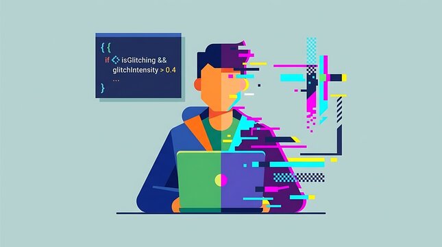 Programmer with vibrant digital glitch effects coding on a laptop