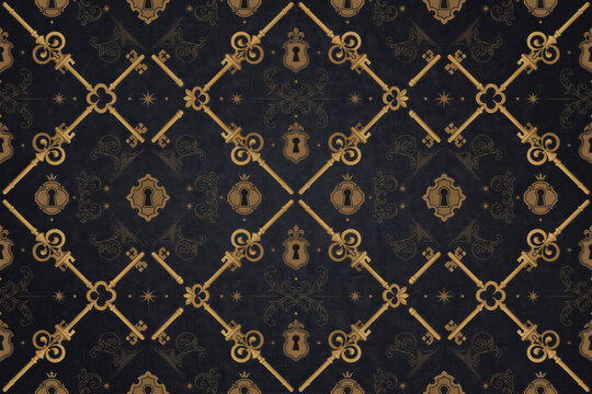 Seamless pattern featuring ornate golden skeleton keys and vintage keyhole silhouettes arranged in a repeating diamond grid on dark background