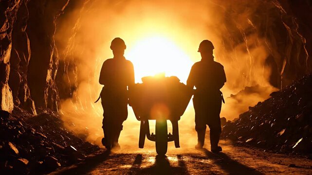 Two miners walk towards bright light in a dark mine with cart