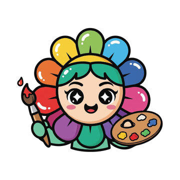 Cartoon girl with paintbrush palette colors.