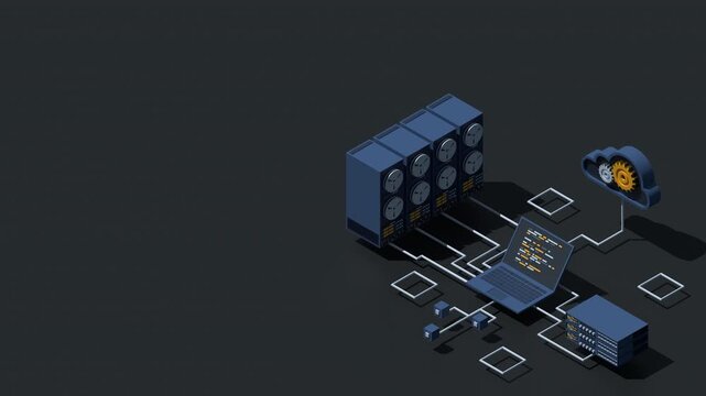 3D isometric cloud technology computing animation. Cloud storage. Isometric network with computer, laptop, and server. Isometric technology. 4K video animated in isometric style