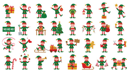 Fototapeta premium Christmas elf character collection performing festive activities for holiday design set.