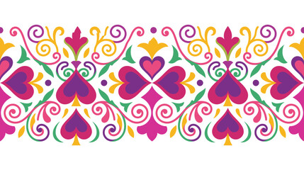 Colorful floral folk art seamless pattern with hearts and symmetrical botanical motifs. © jubayer71