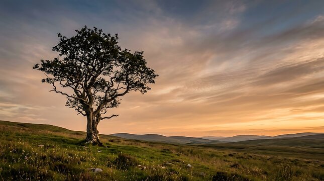 Lone tree on a grassy hillside during a golden sunset