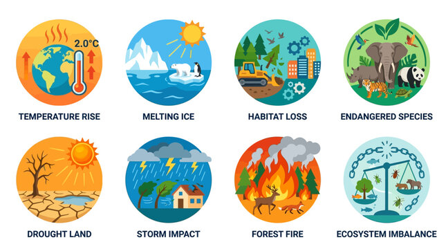 Climate change icons depict environmental challenges like global temperature rise melting ice habitat loss endangered species drought storm impact forest fire and ecosystem imbalance for global.
