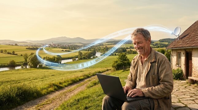 A smiling man in a rural setting using a laptop, connected via a satellite dish with flowing digital data trails high speed internet access in remote areas.