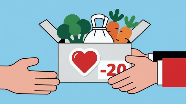 Two hands exchanging a box of groceries with a heart and discount