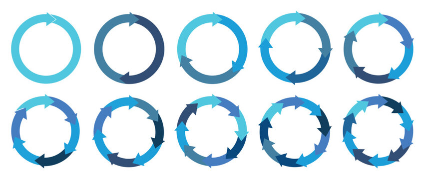 Colorful circle arrow charts. Multicolor spinning arrows, repeat circle and reload icon vector set. Circle arrows icon set. Business strategy workflow process infographic elements, circular diagrams.