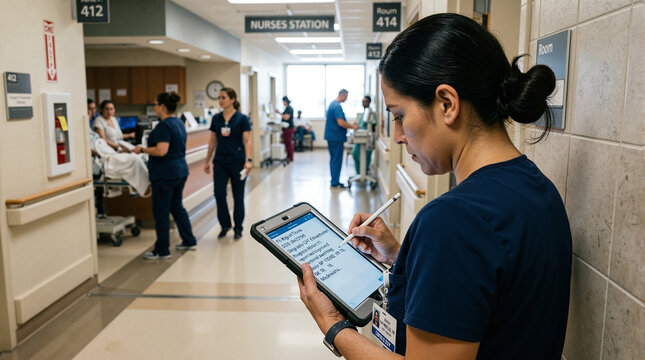 Nurse using tablet in hospital corridor, engaging with colleagues and patients while capturing essential data for patient care. Effective teamwork enhances patient support in healthcare environments.