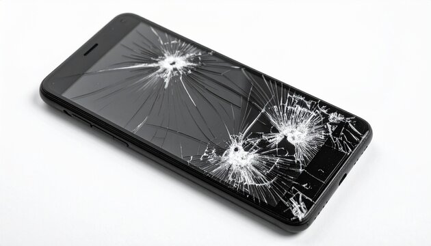 Cracked smartphone screen lying flat on white surface with fractures