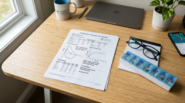 Medical report on table with glasses, pillbox, and laptop in bright workspace. Medical report includes health data, charts, and statistics,