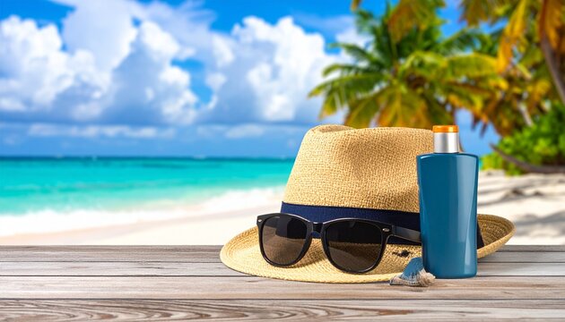Beach essentials with hat, sunglasses, sunscreen under tropical palm trees