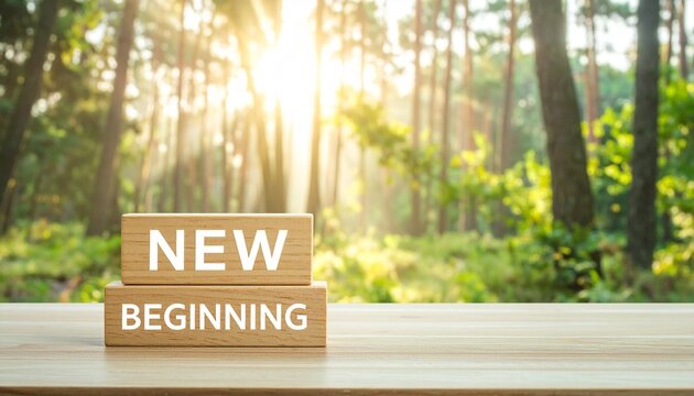 Wooden blocks spelling NEW BEGINNING under radiant forest sunlight