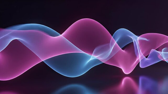 Smooth, flowing ribbons of pink and blue light undulate against a dark background