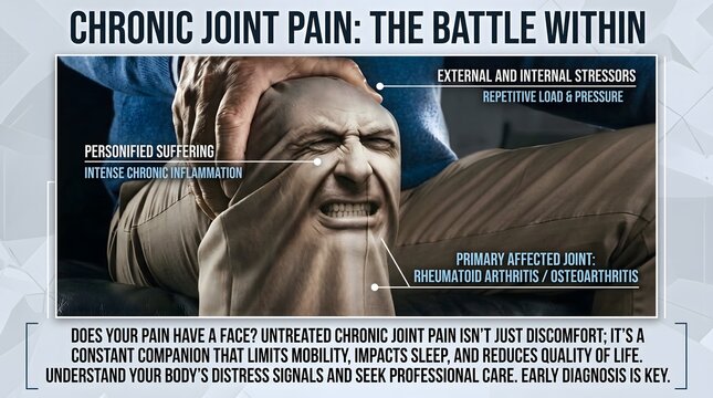 Conceptual illustration depicting personified chronic joint pain with descriptive medical infographic text overlay