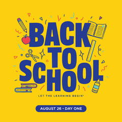 Obraz premium Back to School vector with bold blue typography surrounded by colorful educational icons pencil apple scissors books glue on yellow background