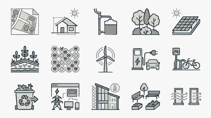 Fototapeta premium Dynamic Illustrated Icons Set Featuring Sustainable Living Renewable Energy and Eco Friendly Concepts in Monochrome