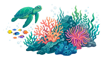 Obraz premium Sea turtle swims gracefully above a vibrant coral reef filled with colorful anemones, jagged rocks, and diverse tropical fish species in this serene underwater ecosystem digital art composition.