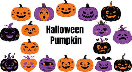 Fototapeta premium Halloween pumpkin illustrations in various designs and colors for festive decoration and marketing materials