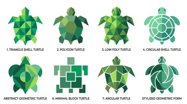 Turtles constructed from geometric shapes and polygon lines are presented in a grid featuring various green shades to represent modern digital art and abstract structural design concepts for media.