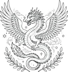 Fototapeta premium Dragon Phoenix mythical creature vector with detailed line art wings scales horns clouds stars and leafy branches in elegant symmetrical design