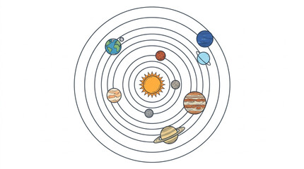 Colorful illustration of the solar system planets orbiting the sun. © Sadar