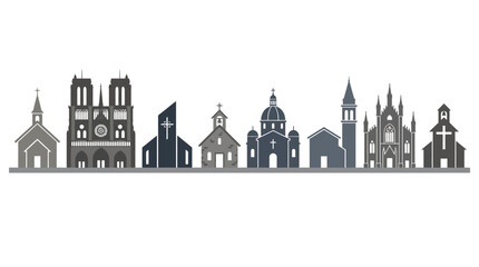 Obraz premium Church buildings form a diverse architectural skyline featuring various cathedrals, chapels, and basilicas depicted in a minimalist silhouette style suitable for religious thematic graphic projects.