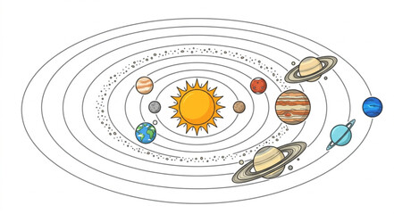 Colorful illustration of the solar system planets orbiting the sun. © Sadar