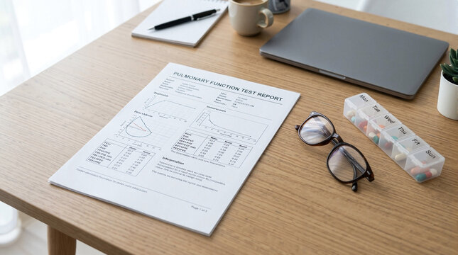 Desk setup with medical test results and glasses beside laptop and coffee cup. Medical test results show detailed health information for patients. Concept health monitoring and wellness tracking.
